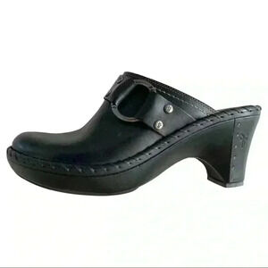 Frye Black Leather Buckle Clog Mule